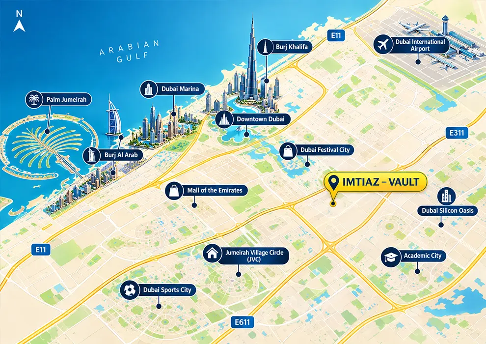 Location map of The Vault by Imtiaz in Majan, Dubailand